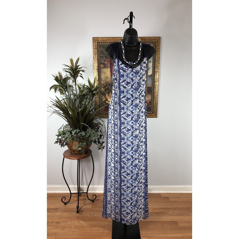 Adelyn Rae Women Maxi Dress SM Blue White Printed Strappy Sleeveless Boho Resort